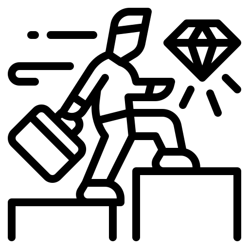 Illustration av en person som går upp för en trappa med en väska i handen. I bakgrunden syns
				en gnistrande diamant.